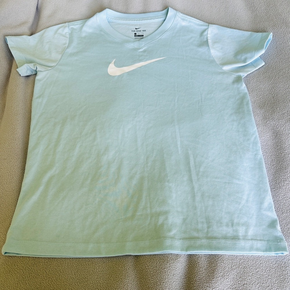 Nike Tee Shirt Womens Small V Neck Aqua Lightweight Boxy Fit Logo Athletic